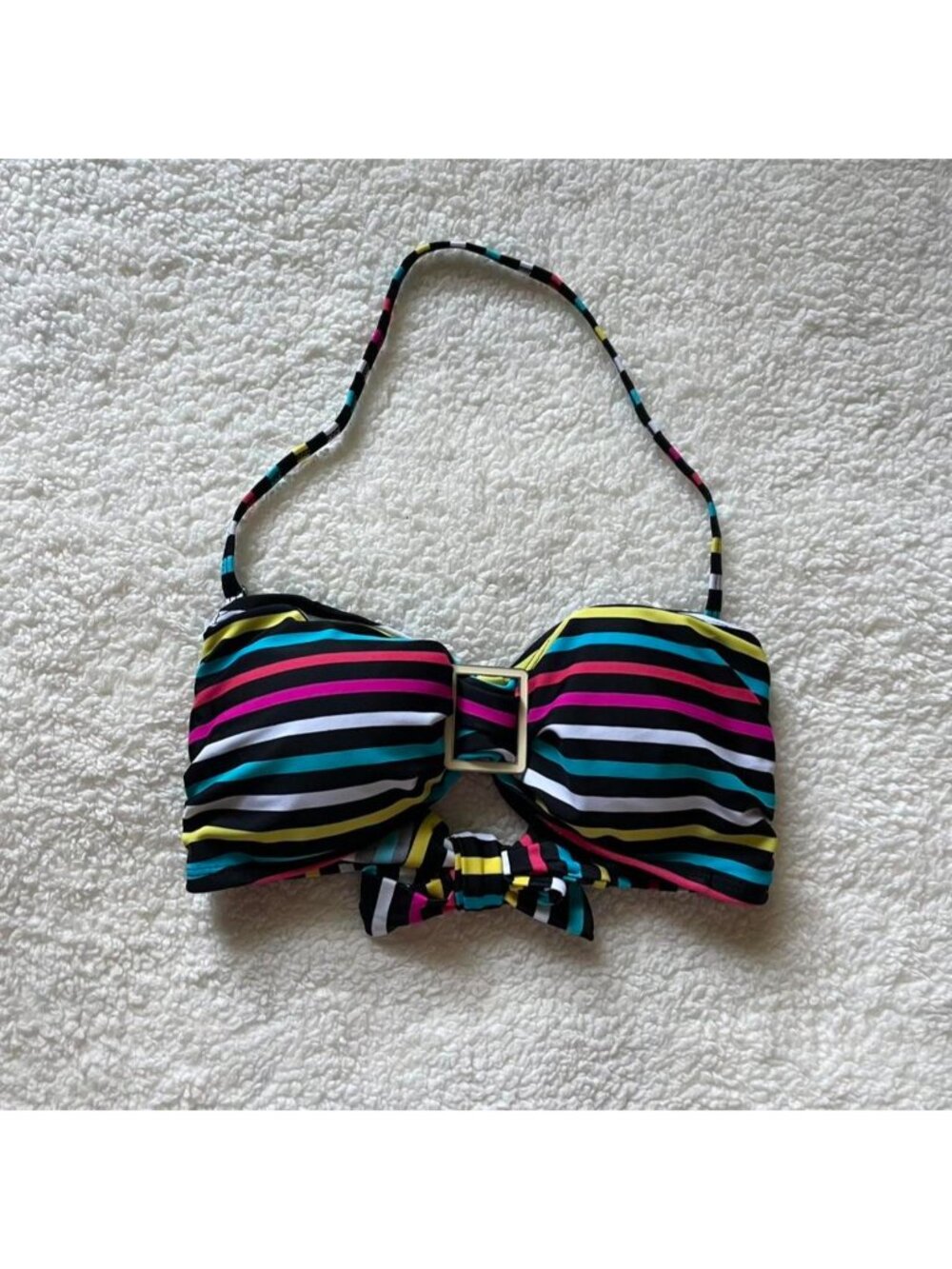 Y2K multicoloured striped halter bikini top with buckle detail